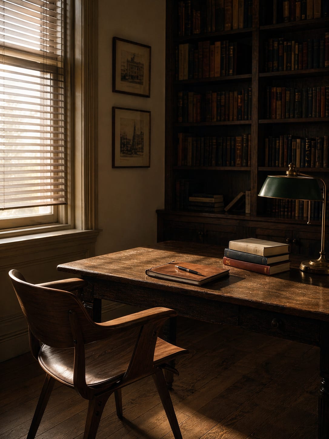 An empty private seminar-room corner with a walnut writing chair, leather notebook, and brass reading lamp — the room where the work happens.