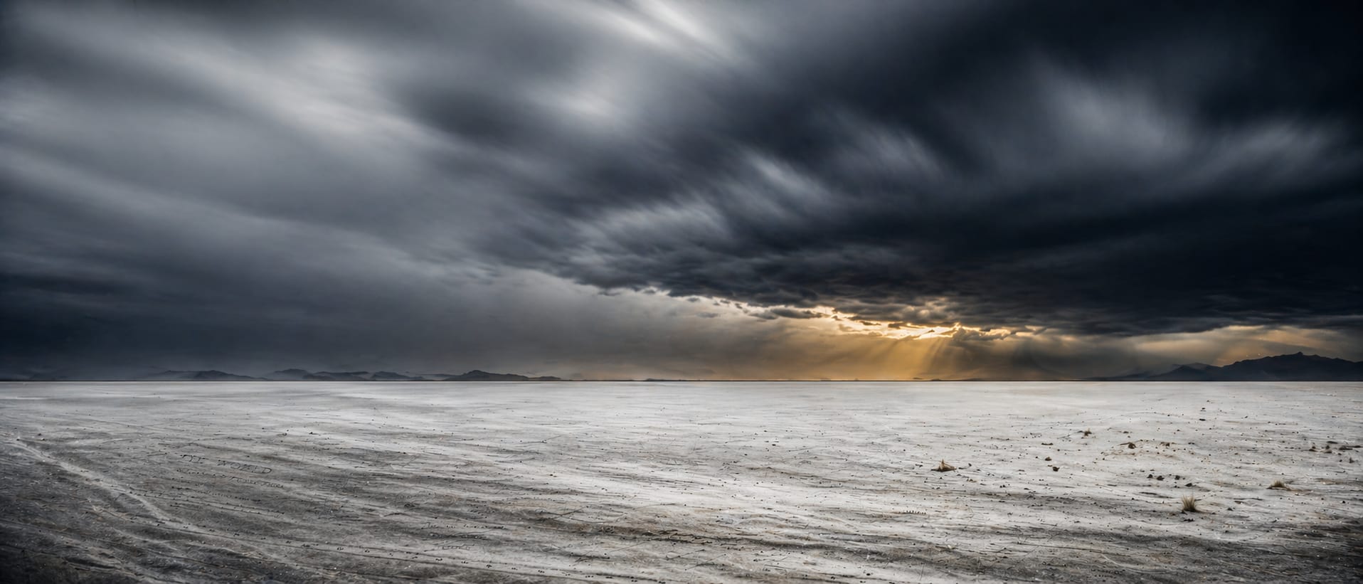 A slate-grey storm front converging over an empty plateau — disruption rendered as weather.